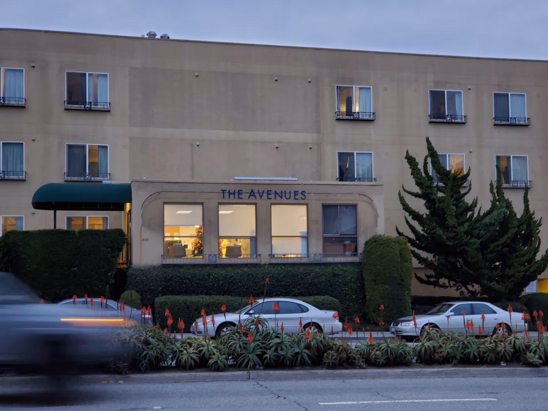 Front view of The Avenues Transitional Care Center building with entrance and landscaping