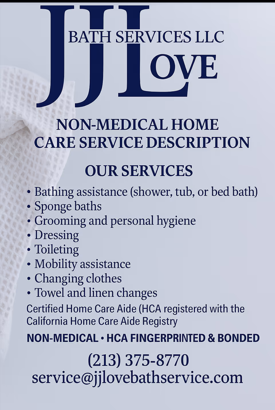 Prominent sign reading J&J Love Bath Services LLC with listed services.