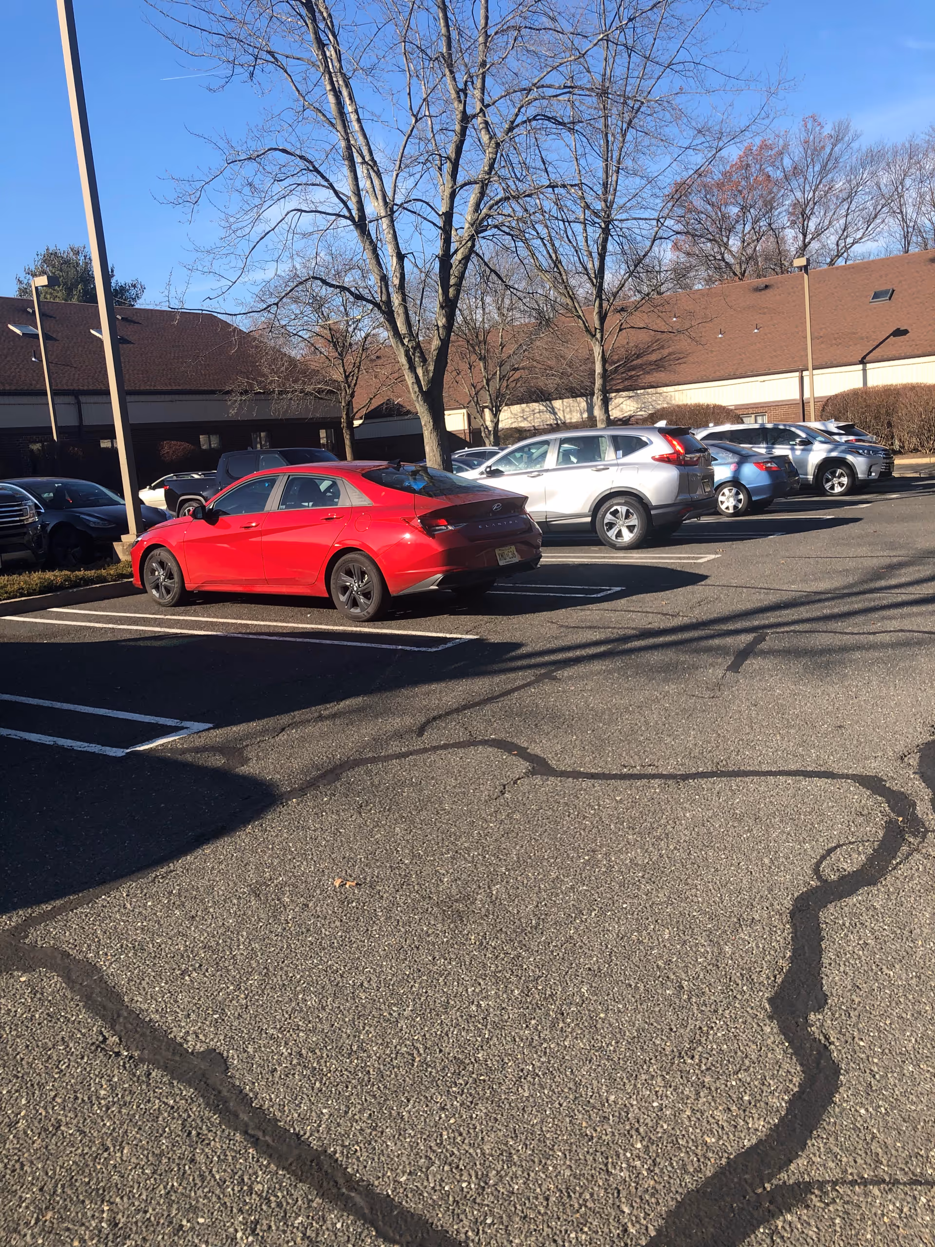 Parking lot in front of a single-story facility with leafless trees and parked cars.