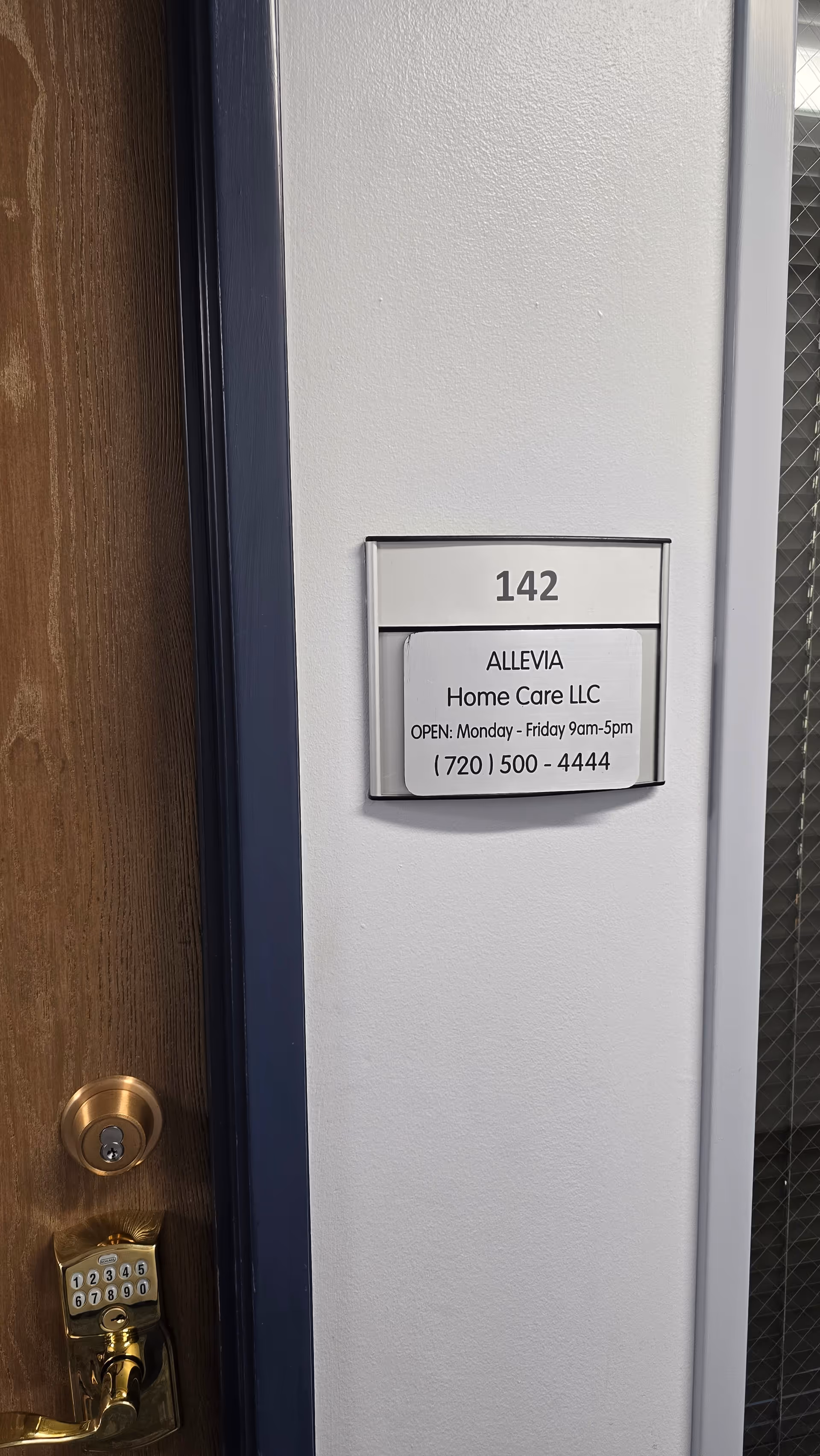 Door entrance with unit 142 and sign for ALLEVIA Home Care LLC