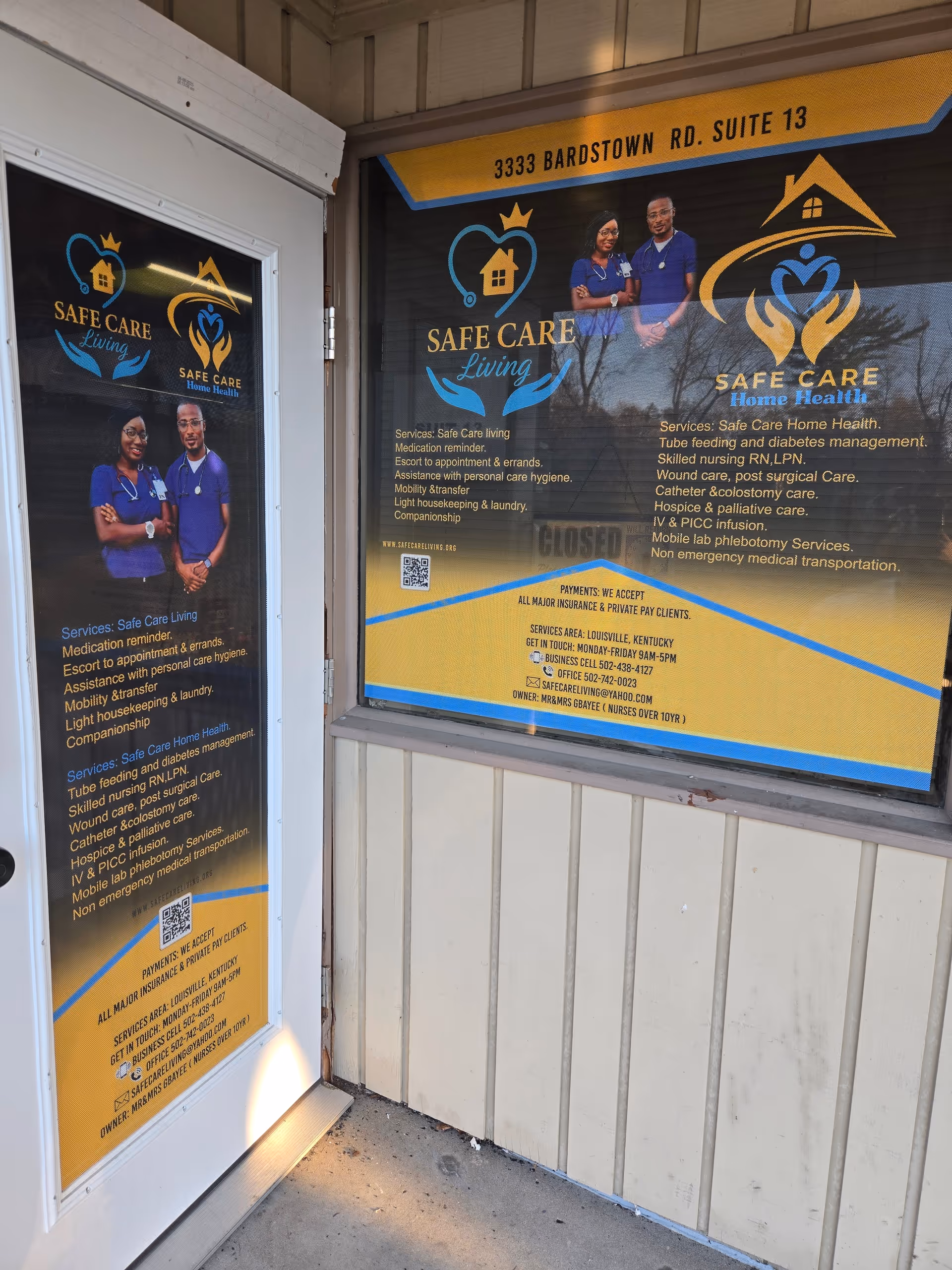 Exterior of Safe Care Living facility with yellow posters on door and window.