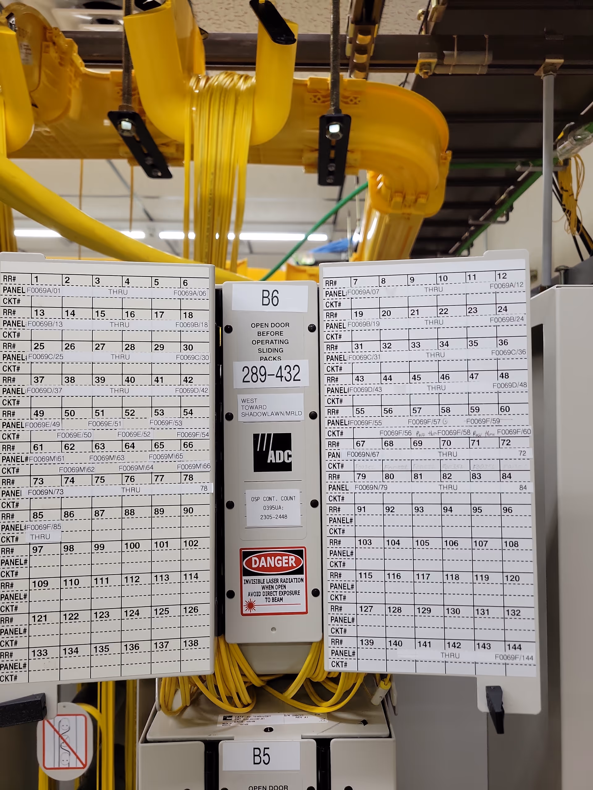 Indoor electrical panel with yellow conduits and cables in a utility area.