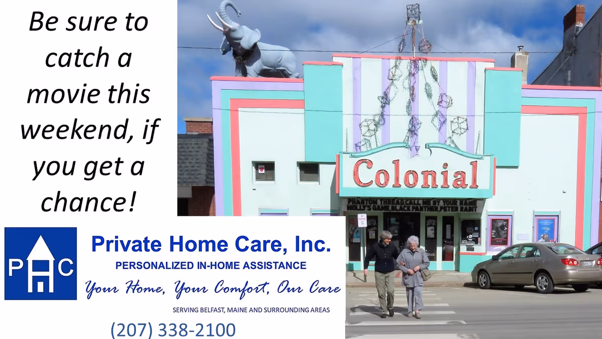 Colorful building exterior with Private Home Care, Inc. sign and two people crossing.