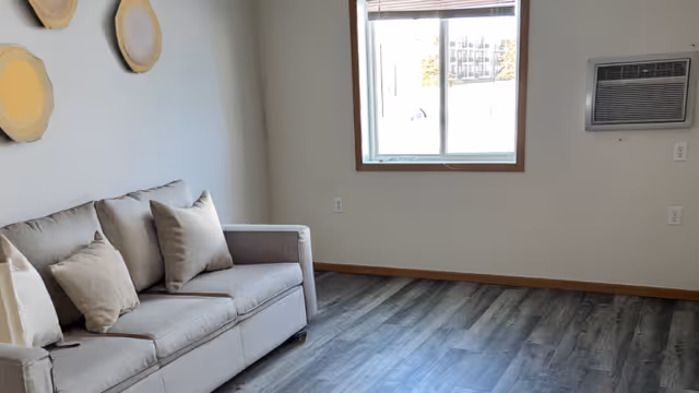 Neutral living room with a light gray sofa, beige cushions, window, and wood flooring.