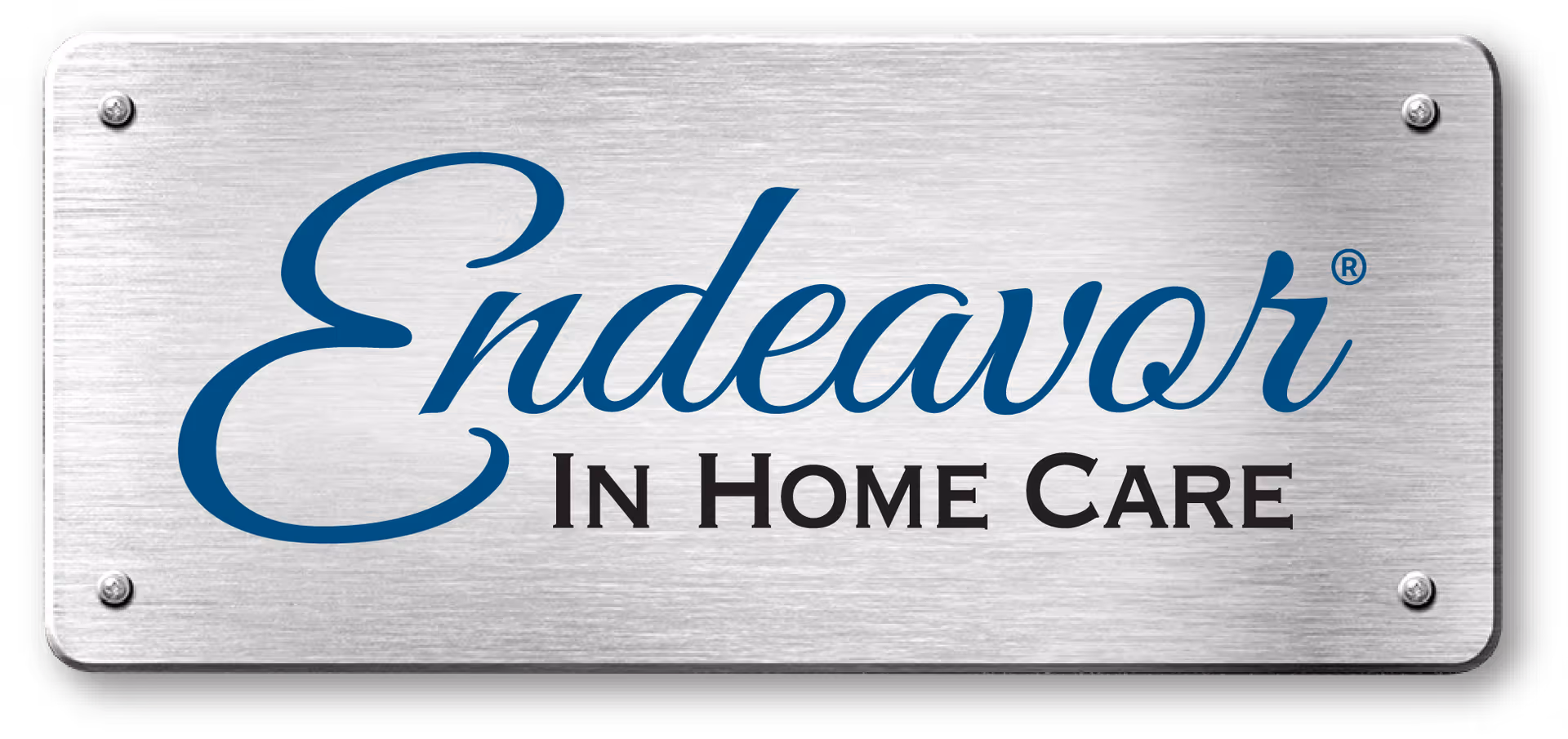 Metal plaque displaying the Endeavor In Home Care logo and engraved text.