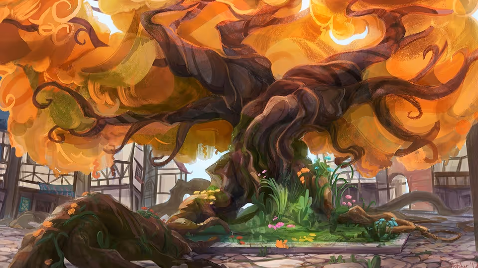 A fantastical indoor courtyard with a massive orange-leaved tree growing through stone pavement.