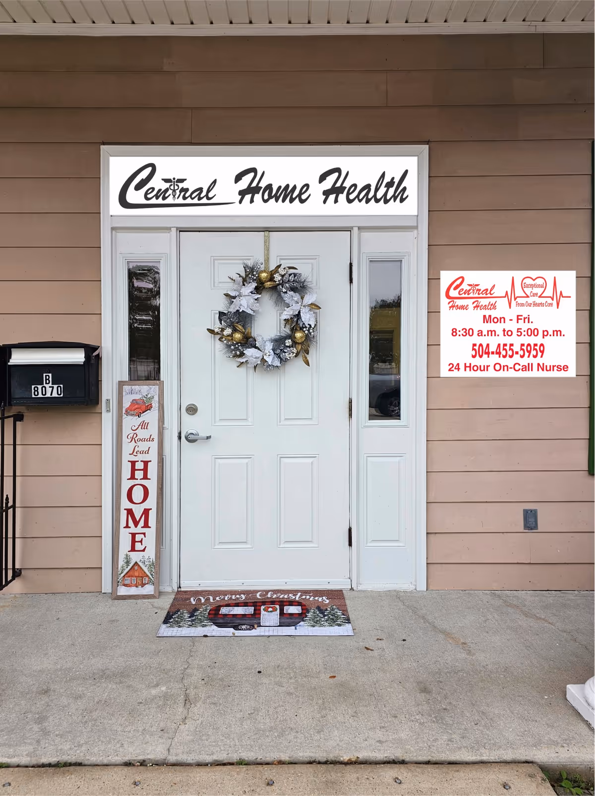 Front entrance of Central Home Health LLC with a wreath on the door.