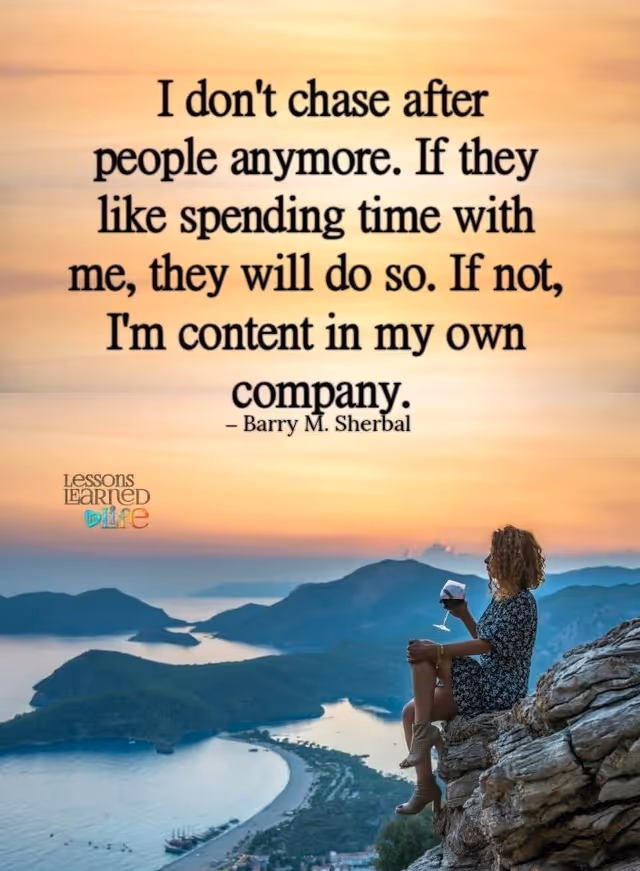 A woman sits on a rocky cliffside overlooking a coastal landscape at sunset with quote overlay.