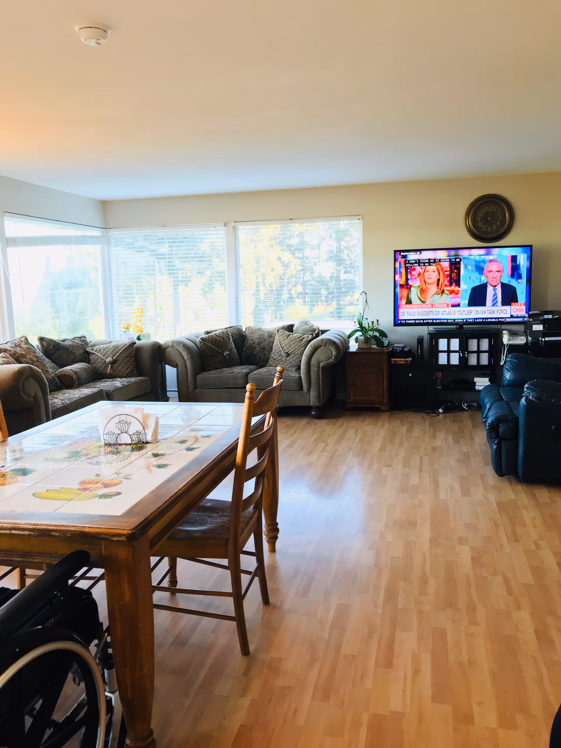 Bright living room with sofa, large windows, dining table, and a TV.