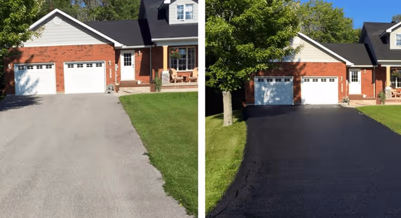 Two side-by-side photos show a brick house with attached garages and driveways.