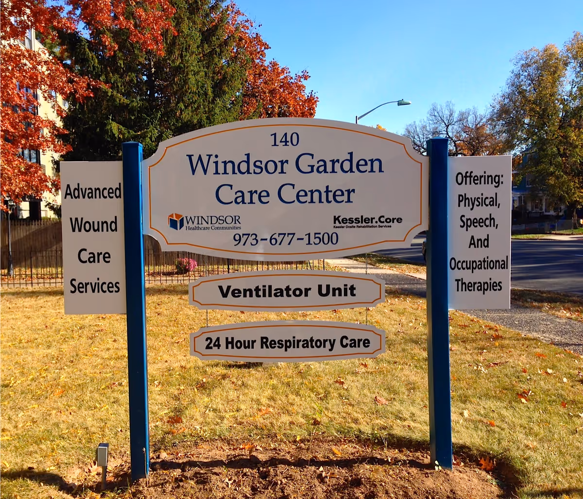 Outdoor sign for Windsor Garden Care Center with wound care and therapy services