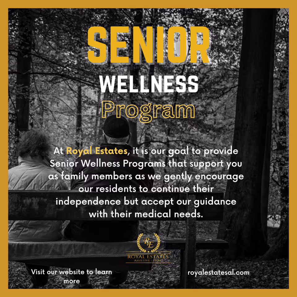 Two people sit on a bench in a park with bold wellness program text overlay.