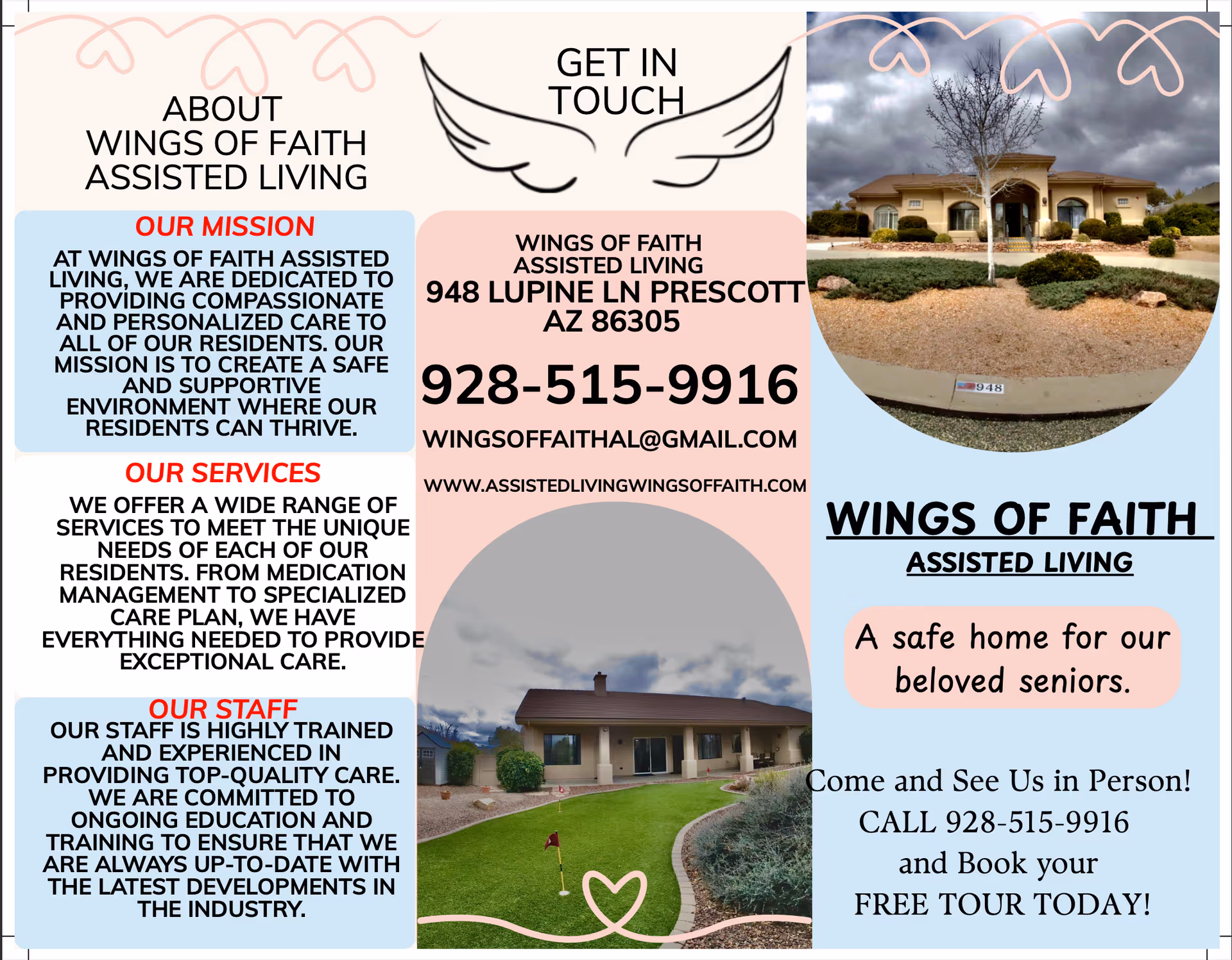 Promotional Wings of Faith Assisted Living flyer with exterior building photos.