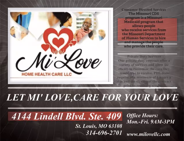 Promotional sign for Mi Love Home Health Care with logo, address, and hours