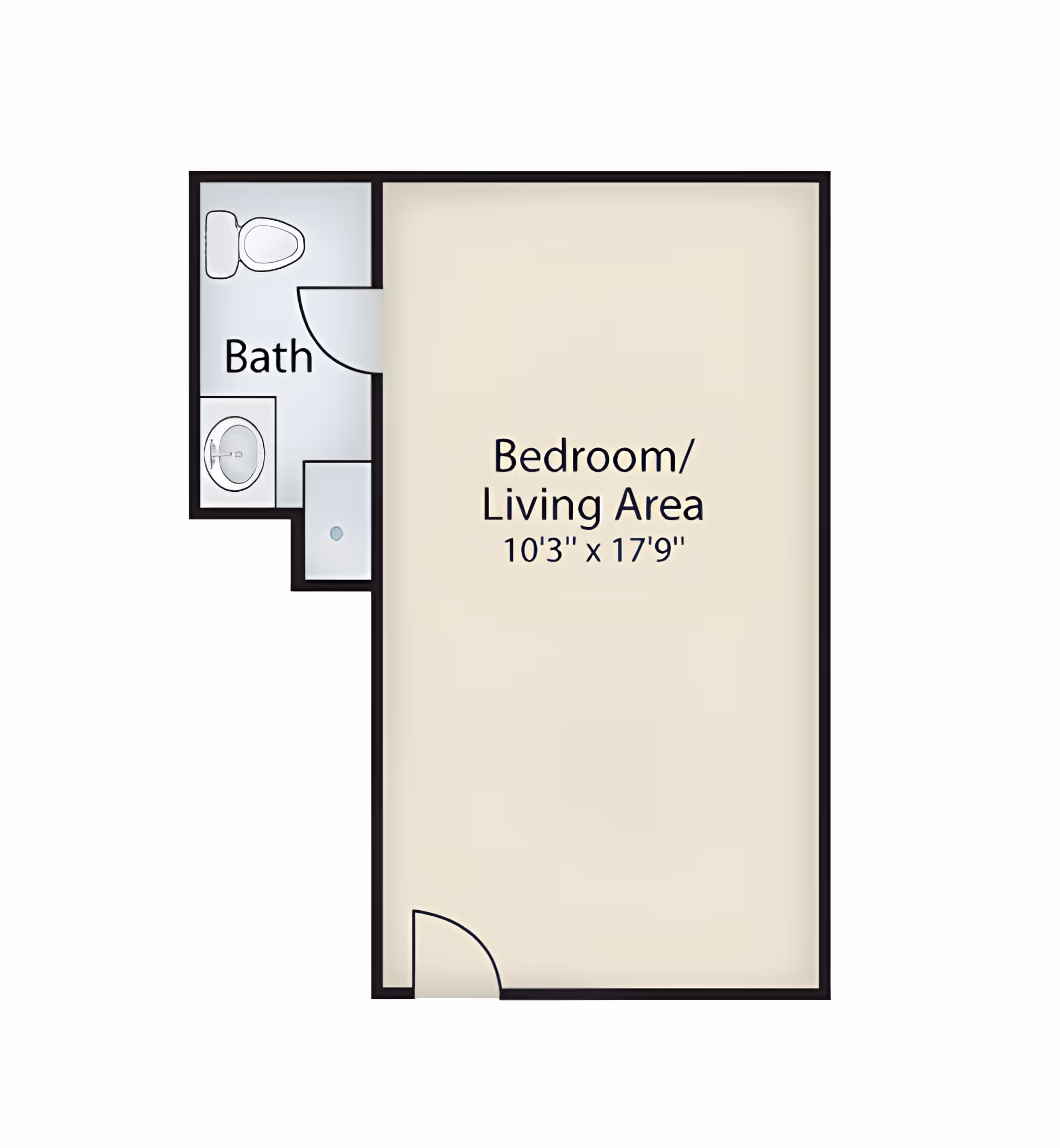 Floor plan layout showing a combined bedroom and living area measuring 10 feet 3 inches by 17 feet 9 inches, with an adjacent bathroom containing a toilet, sink, and shower.