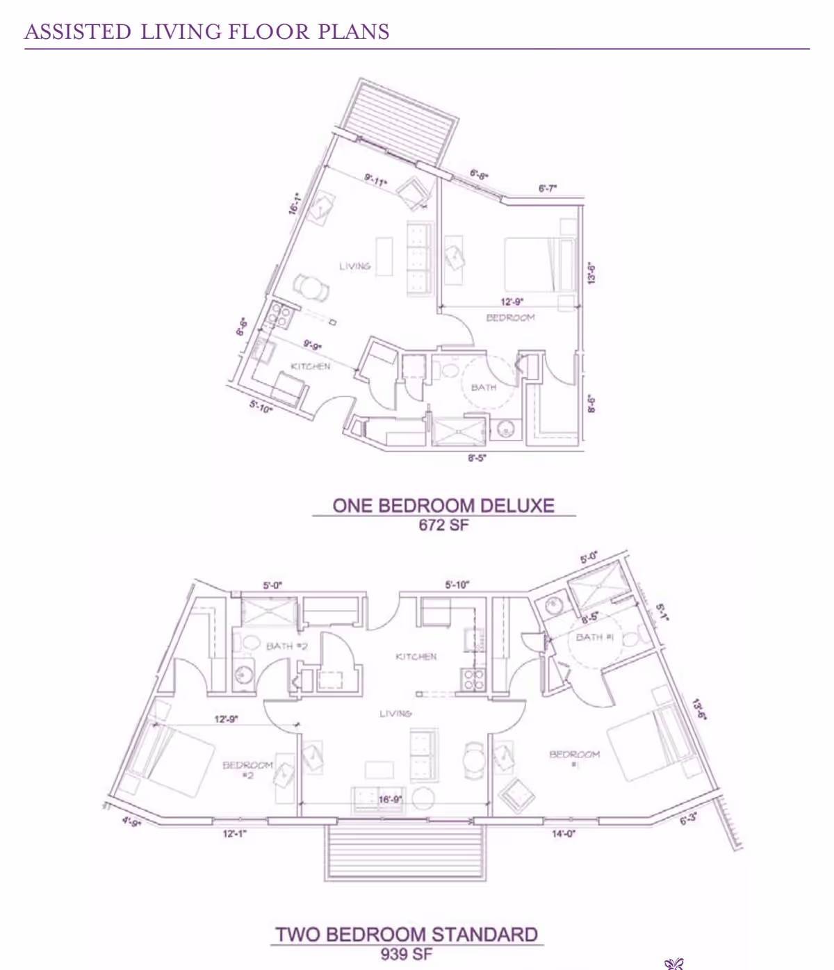 Architectural floor plans for assisted living units at Garden Villas Of Lenexa, showing layouts for a one bedroom deluxe unit of 672 square feet and a two bedroom standard unit of 939 square feet, including labeled areas for living, kitchen, bedroom(s), and bath(s).