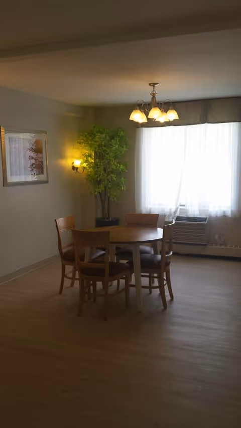 A dining area with a round wooden table and four wooden chairs. There is a large window with sheer white curtains allowing natural light to enter the room. A green potted plant is placed in the corner near a wall-mounted light fixture. A framed picture hangs on the wall, and a ceiling light fixture with multiple bulbs is above the table.