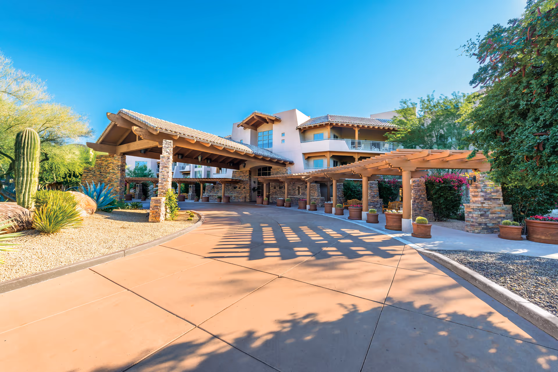 Exterior view of Vi at Grayhawk facility entrance with a covered driveway, stone pillars, wooden pergola, desert landscaping including cacti and shrubs, and a clear blue sky.