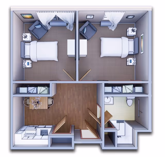 Top-down view of a two-bedroom apartment floor plan featuring two bedrooms each with a bed, nightstands, and a chair. The apartment includes a kitchen area with appliances and a dining table, a bathroom with a toilet, sink, and shower, and a central hallway with wooden flooring.