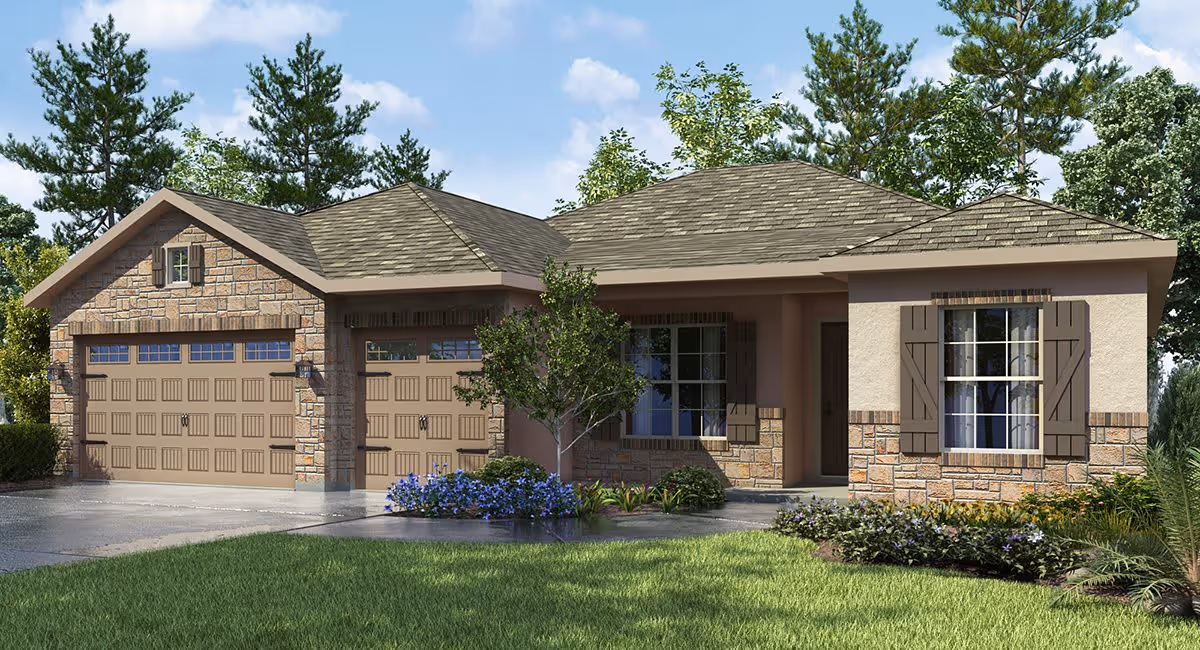 Exterior view of a single-story house with a three-car garage, stone and beige siding, brown shutters, a small tree, and landscaped front yard with green grass and flowering plants under a partly cloudy sky.