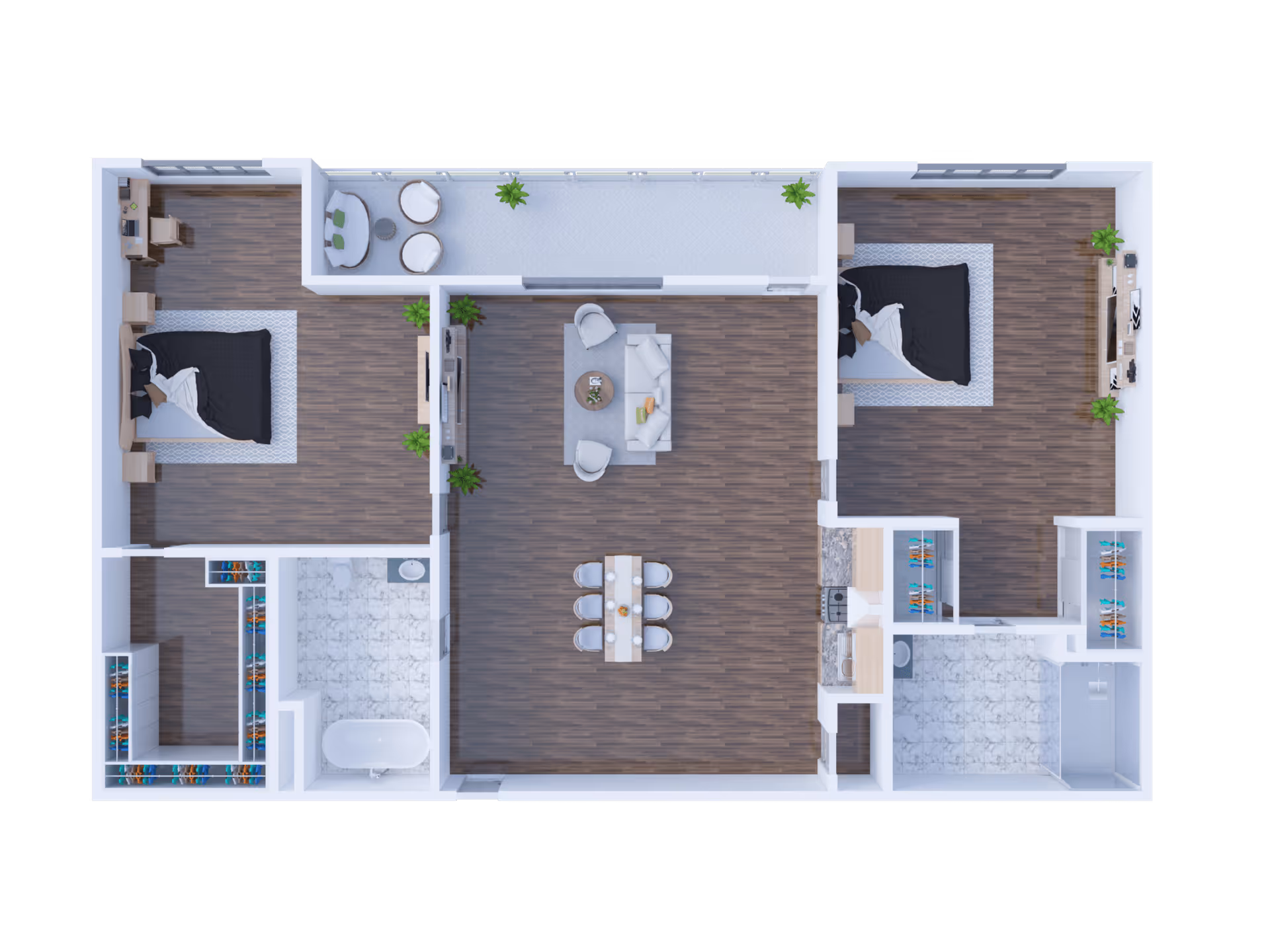 Top-down view of a two-bedroom apartment floor plan featuring a central living room with sofa, chairs, and coffee table, a dining area with a table and six chairs, a kitchen with appliances and countertops, two bedrooms each with a bed and desk, two bathrooms with bathtub and shower, walk-in closets, and a balcony with seating and plants.