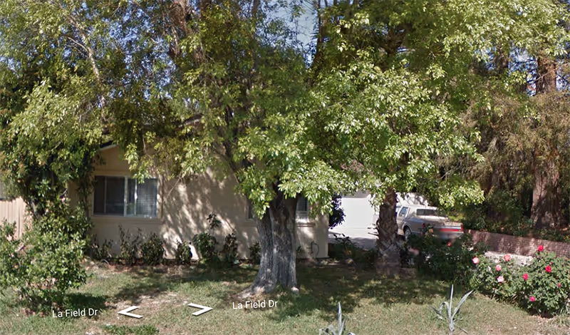 A single-story residential building partially obscured by large trees and bushes in the front yard. There is a driveway with a parked car visible on the right side. The building has light-colored exterior walls and a window with blinds on the left side.