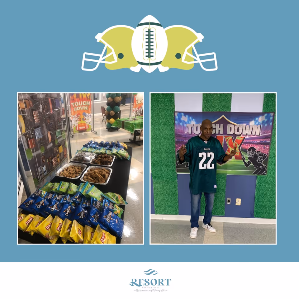 Two images side by side on a blue background with football helmets and a football graphic above. The left image shows a table with trays of food and bags of chips in a decorated room with football-themed banners and balloons. The right image shows a man wearing a green football jersey standing in front of a football-themed backdrop that says 'TOUCH DOWN'. The bottom of the image has the Resort Nursing Home logo and text.