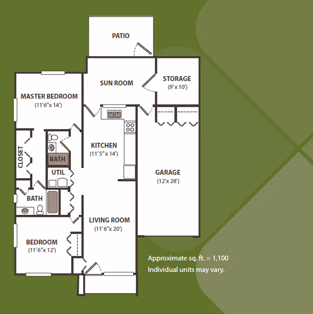 Floor plan of a residential unit showing a master bedroom, a second bedroom, two bathrooms, a kitchen, a living room, a sun room, storage area, garage, and a patio. Dimensions for each room are provided, and the approximate total square footage is 1,100.