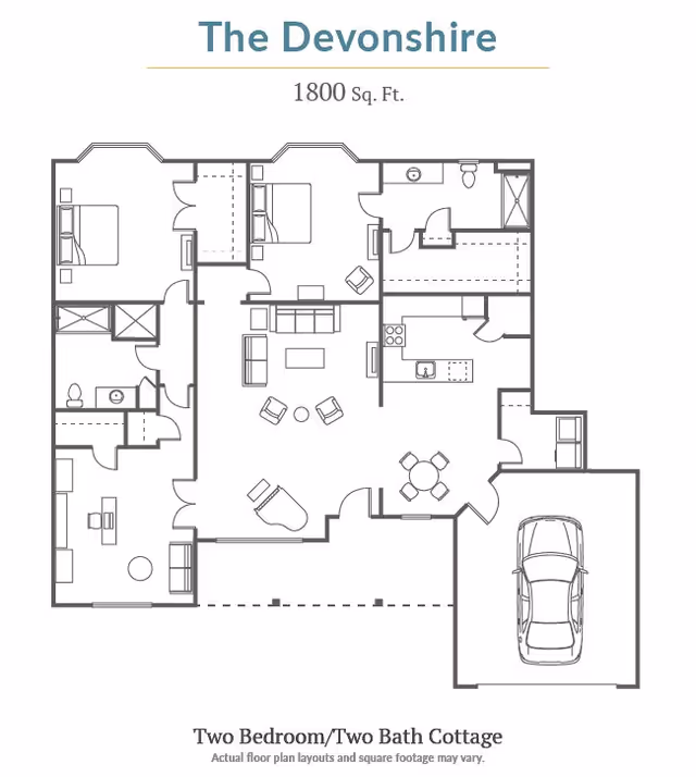 Floor plan of The Devonshire, a two bedroom, two bath cottage with 1800 square feet. The layout includes two bedrooms, two bathrooms, a living room, kitchen, dining area, office, and a garage with a car parked inside.