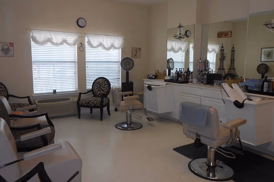 Interior view of a hair salon area with salon chairs, mirrors, and hair care products on the counter. There are two large windows with white blinds and valances, zebra-patterned chairs near the windows, and a clock on the wall above the windows.