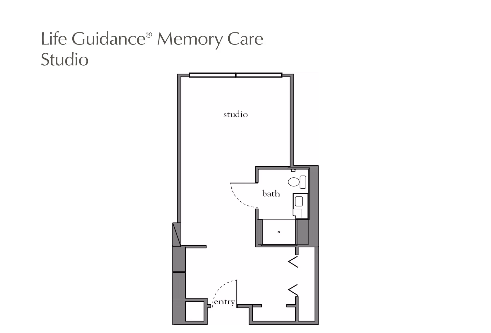 Floor plan layout of a Life Guidance Memory Care Studio apartment showing an entry area, a studio living space, and a bathroom with a toilet, sink, and shower.