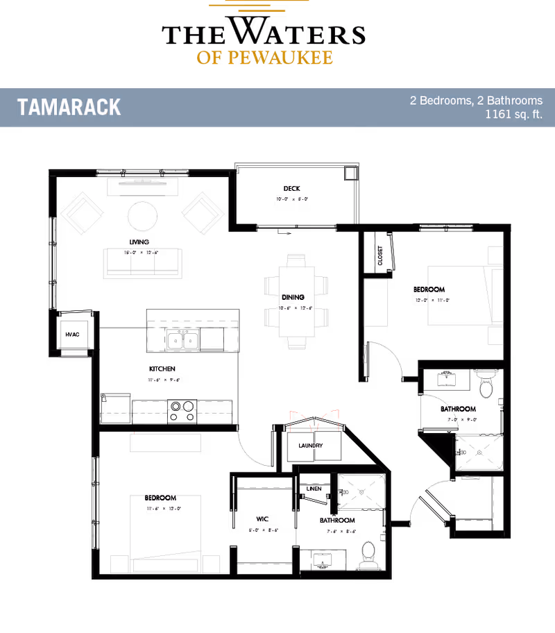 Floor plan layout of a residential unit named Tamarack at The Waters of Pewaukee, showing 2 bedrooms, 2 bathrooms, a living room, kitchen, dining area, deck, laundry, linen closet, and walk-in closet with dimensions.