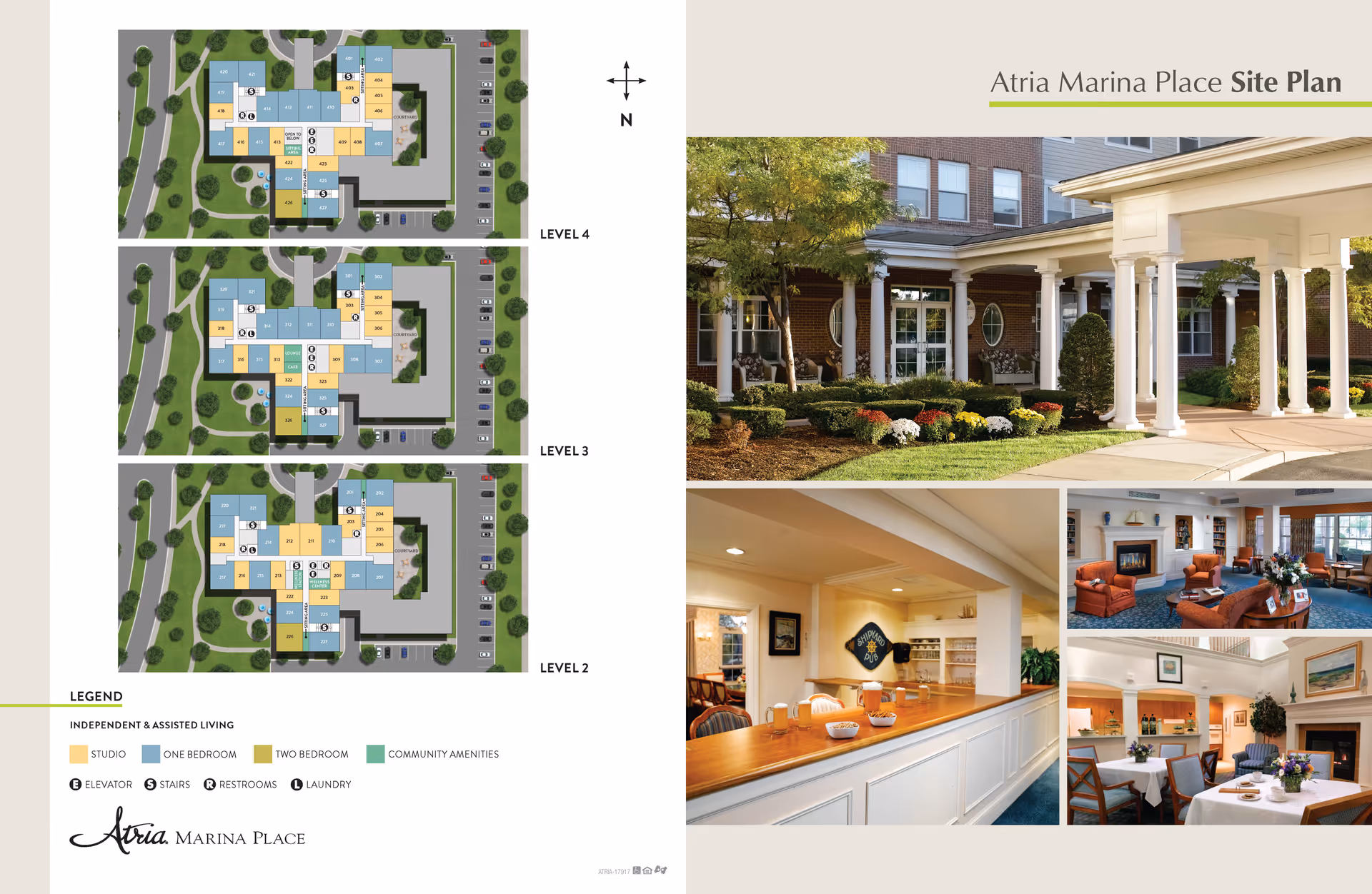Atria Marina Place site plan showing floor layouts for levels 2, 3, and 4 with color-coded areas for studio, one-bedroom, two-bedroom, and community amenities. The right side features four photos: the building's front entrance with landscaping, a dining area with tables and chairs, a cozy living room with armchairs and a fireplace, and a kitchen or serving area with a counter and shelves.