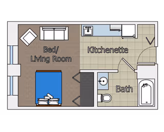 Floor plan of a small living space labeled New City Supportive Living, showing a combined bed and living room area with a bed, sofa, and chair, a kitchenette with a sink and refrigerator, and a bathroom with a toilet, sink, and bathtub.