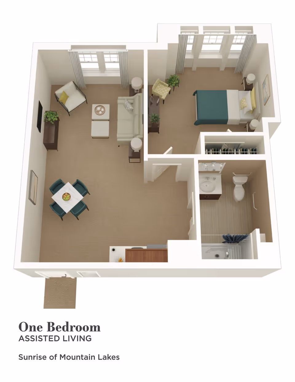 3D floor plan of a one-bedroom assisted living apartment at Sunrise of Mountain Lakes, showing a living room with sofa, armchair, coffee table, and TV stand, a dining area with a table and four chairs, a bedroom with a bed, nightstands, and a chair, and a bathroom with a sink, toilet, and shower.