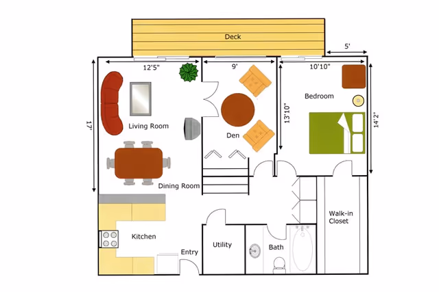 Floor plan of a residential unit showing a deck, living room with a curved sofa and TV, dining room with a table and six chairs, kitchen with appliances, entry, utility room, bathroom with bathtub and toilet, den with two chairs and a round table, bedroom with a bed and nightstand, and a walk-in closet.