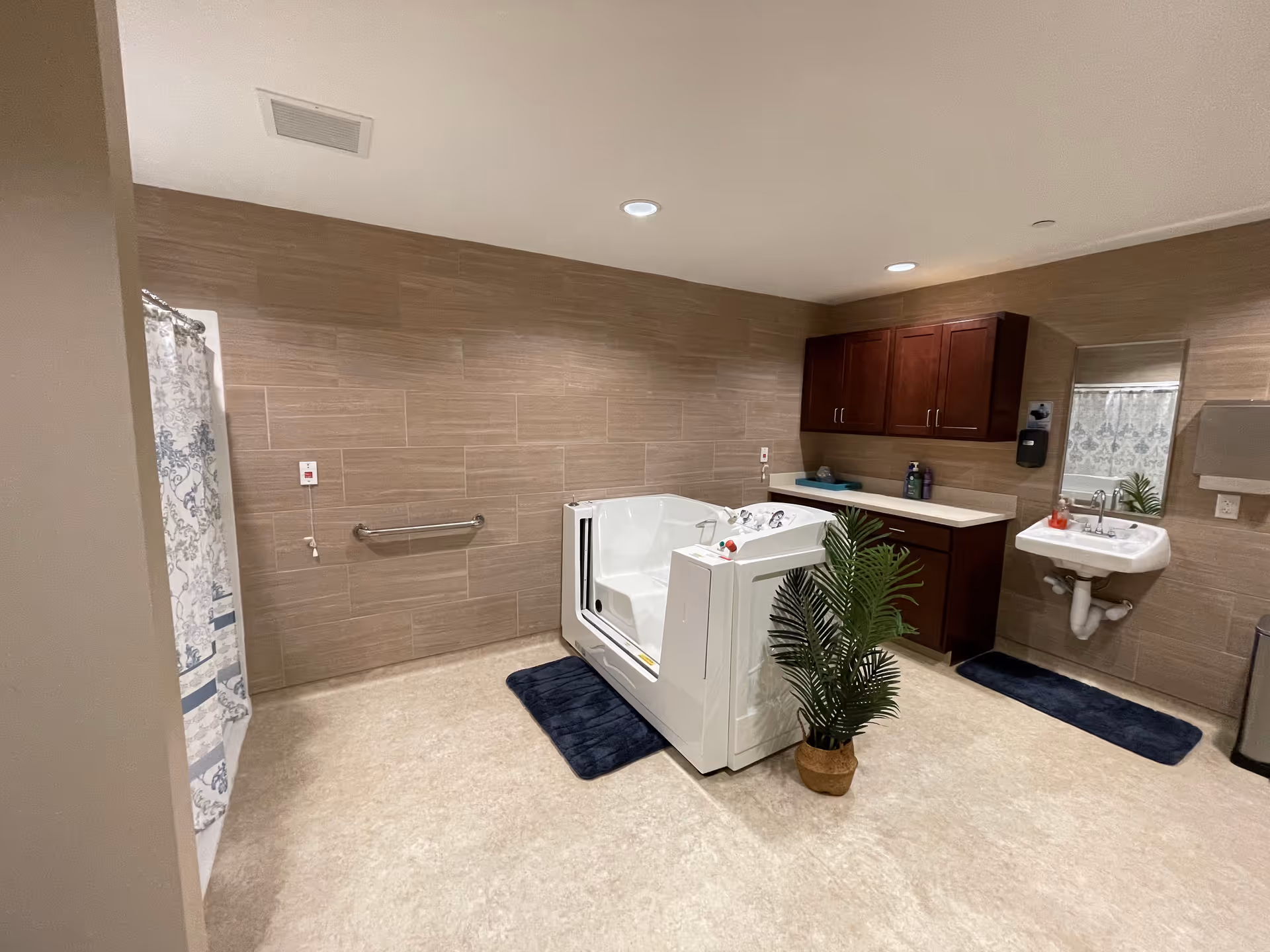 A spacious, accessible bathroom featuring a walk-in bathtub with safety rails, a shower area with a patterned curtain, a wall-mounted sink with a mirror above it, dark wooden cabinets, and a potted plant on the floor. The walls are covered with beige tiles and the floor has a light-colored finish. There are two dark blue bath mats on the floor.