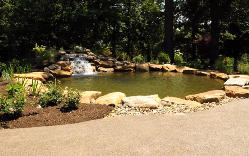 A landscaped outdoor area featuring a small pond with a rock waterfall surrounded by plants, trees, and a paved walkway.