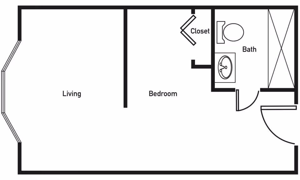 Black and white architectural floor plan of a small apartment unit showing a living room, bedroom, closet, and bathroom with a toilet, sink, and shower.