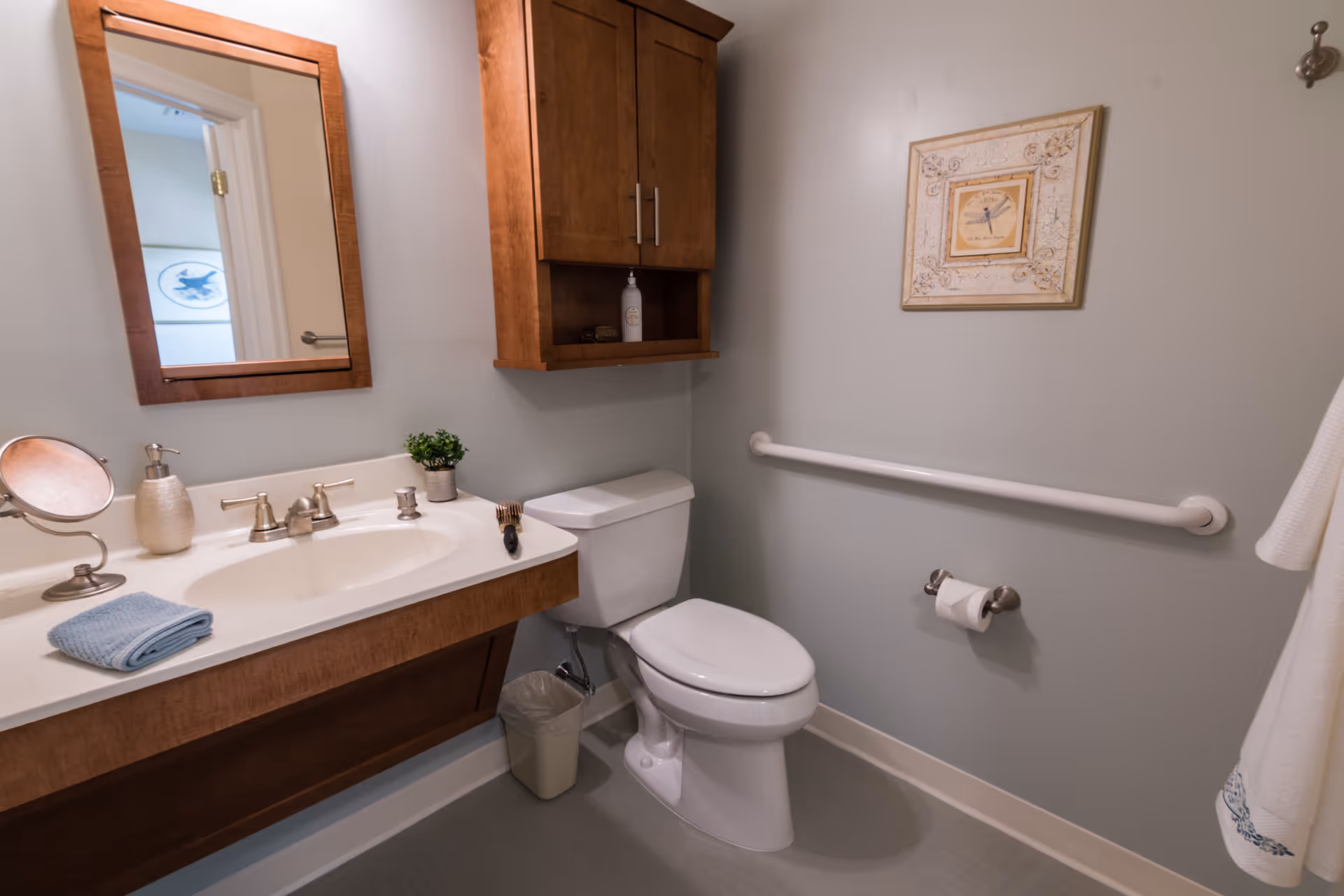 A clean and well-lit bathroom featuring a white toilet, a wooden vanity with a white sink, a mirror above the sink, a wooden cabinet mounted on the wall, a small potted plant, a towel, a soap dispenser, a handrail on the wall next to the toilet, a toilet paper holder, and a framed decorative picture on the wall.