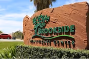 A large brown stone sign with green lettering and a tree logo that reads 'Brookside Healthcare Center' situated outdoors with grass and a palm tree in the background under a blue sky.