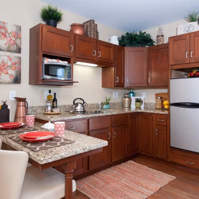 A modern kitchen with dark wooden cabinets, granite countertops, and stainless steel appliances including a microwave and refrigerator. The countertop has a small dining area set with red plates and cups. Decorative plants and kitchen items are placed on the counters and above the cabinets.