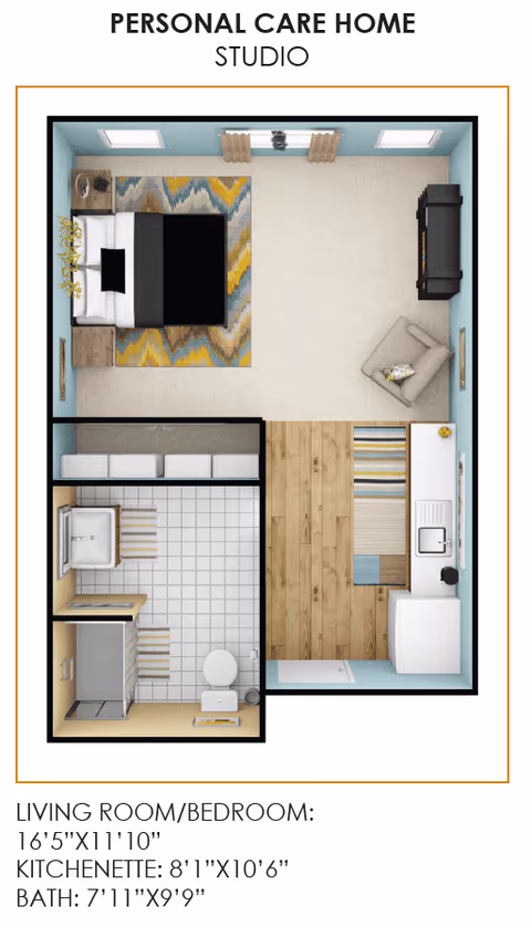 Top-down floor plan of a personal care home studio apartment at Ashton Commons, showing a combined living room and bedroom area with a bed, nightstands, armchair, and TV stand. The kitchenette includes a sink, countertop, and appliances, and the bathroom has a toilet, sink, and shower. Dimensions for each area are provided below the plan.
