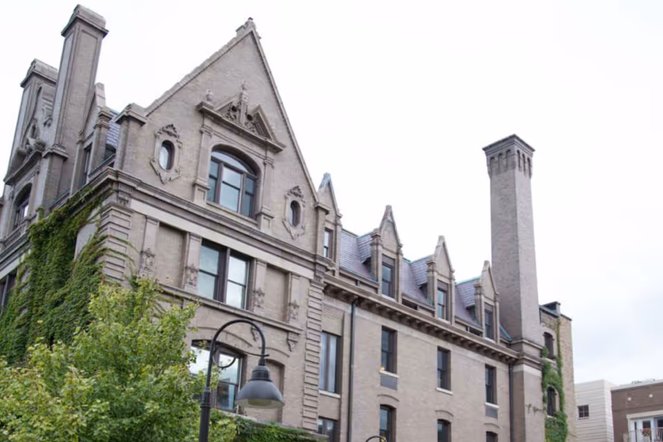 Exterior view of a large, historic multi-story building with ornate architectural details, tall chimneys, and ivy growing on the walls. There is a street lamp and some trees in the foreground under a cloudy sky.