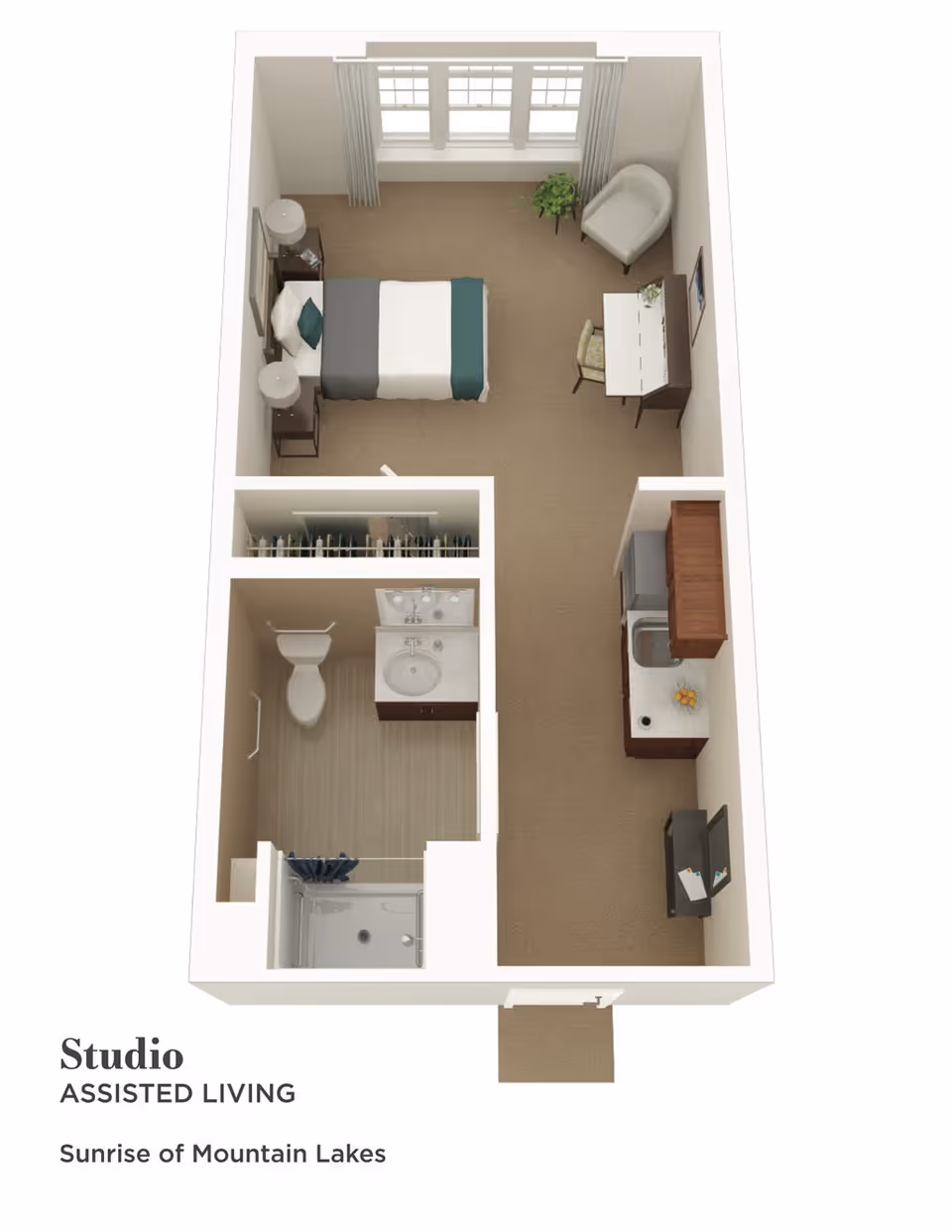 3D floor plan of a studio assisted living apartment at Sunrise of Mountain Lakes, showing a combined living and sleeping area with a bed, two nightstands with lamps, a chair, a desk with a chair, a kitchenette with a sink and cabinets, a bathroom with a toilet, sink, and shower, and a closet.