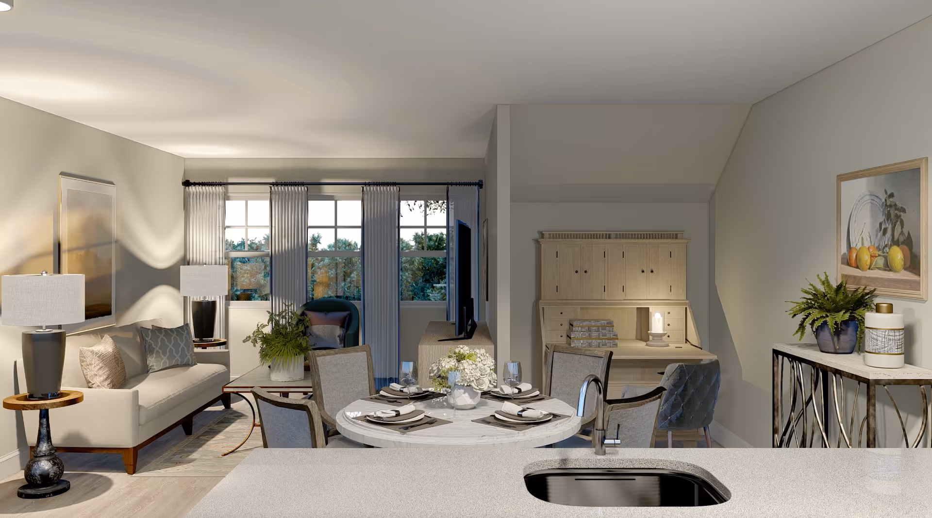 A bright and modern living and dining area with a white sofa, side tables with lamps, a round dining table set for four, a wooden desk with a chair, and large windows with vertical blinds letting in natural light. There are plants and framed artwork decorating the space.