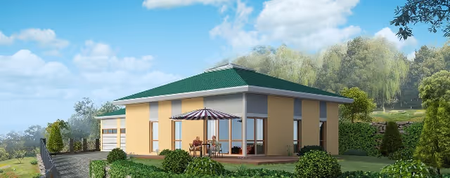 Single-story building with a green roof and beige walls, featuring large windows and a patio area with an umbrella and seating. The building is surrounded by greenery, trees, and a clear blue sky with some clouds.