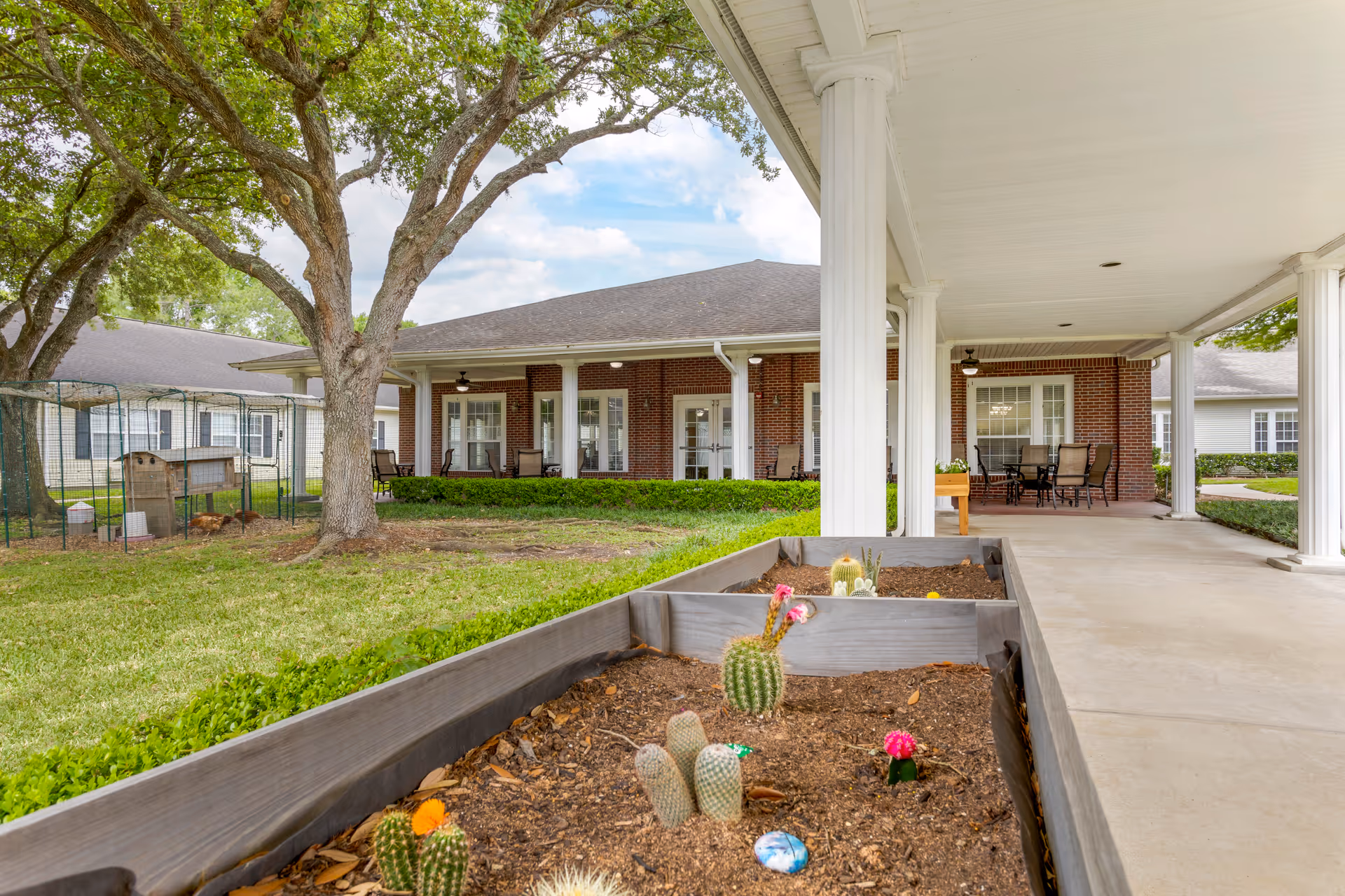Outdoor patio area at Brookdale Sugar Land with white columns supporting a covered walkway. There are raised garden beds with small cacti and succulents in the foreground. In the background, there is a brick building with multiple windows and doors, outdoor seating with tables and chairs, and a large tree providing shade. A fenced area with chickens is visible on the left side.