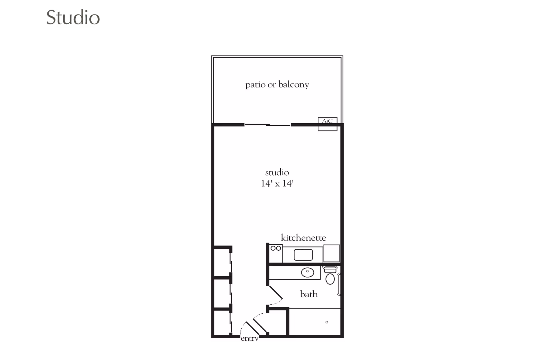 Floor plan of a studio apartment at Atria Willow Glen showing a 14 by 14 feet studio area, a kitchenette, a bathroom, an entryway, and a patio or balcony with an air conditioning unit.