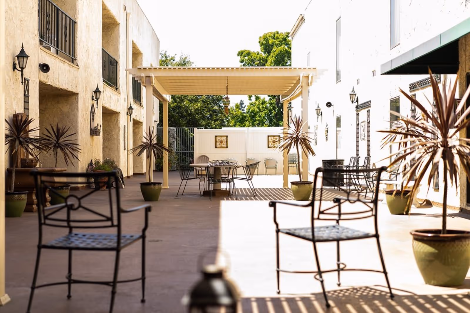 Outdoor patio area with metal chairs and tables arranged under a pergola and along the sides. Potted plants with tall, spiky leaves are placed around the space. The patio is flanked by light-colored buildings with wall-mounted lantern-style lights. Trees and greenery are visible in the background beyond the patio fence.